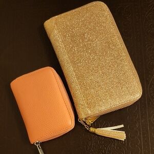 Gold Glitter Zip Wallet with Coral Zip Card Case